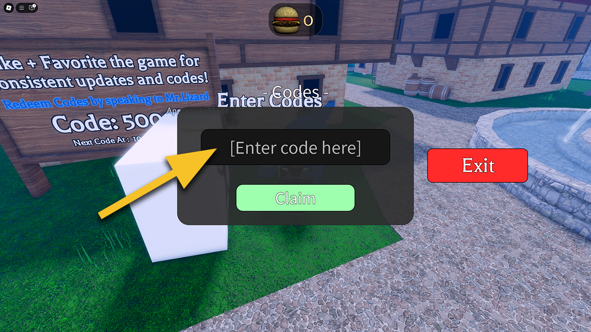 The Codes menu in Dead Spells. A yellow arrow points to the text box where the player needs to enter the code.