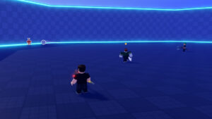Image of the player playing a match of Death Ball on Roblox against three other players in a blue arena.