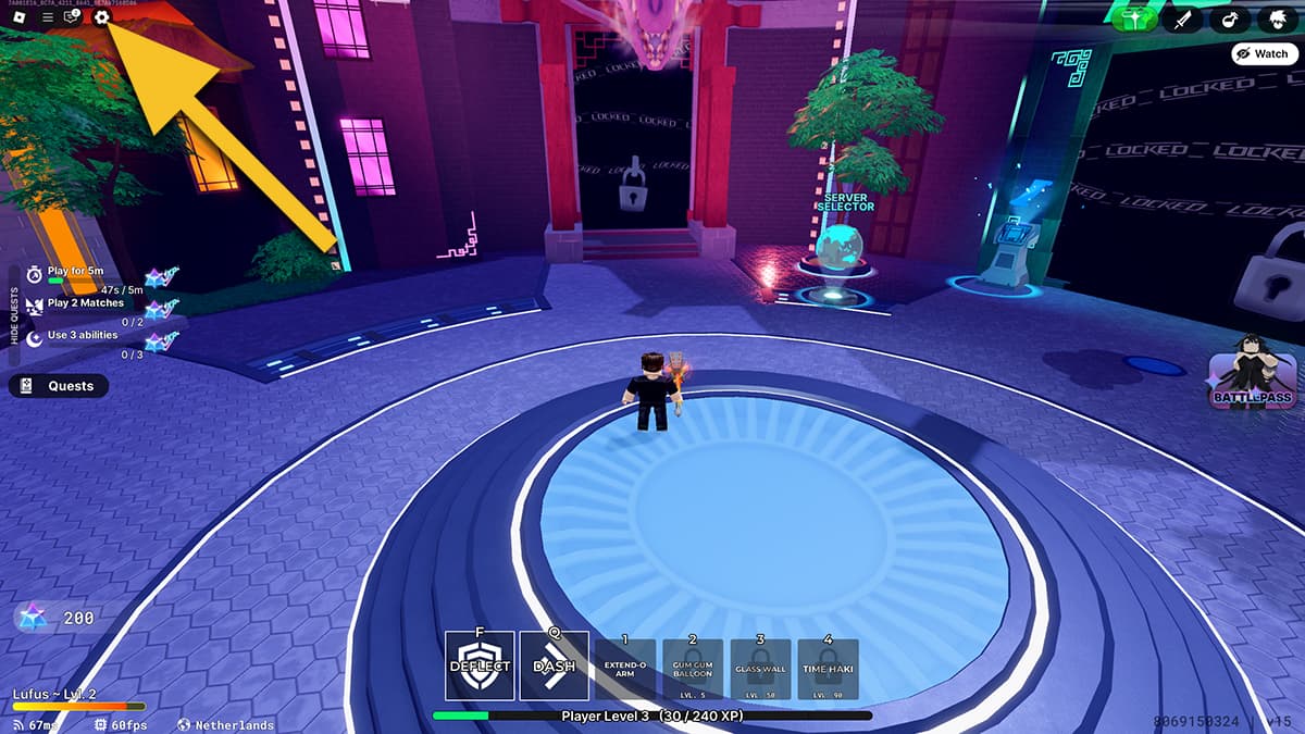 Image of the player standing in the lobby in Death Ball on Roblox, with an arrow pointing at the cog icon.