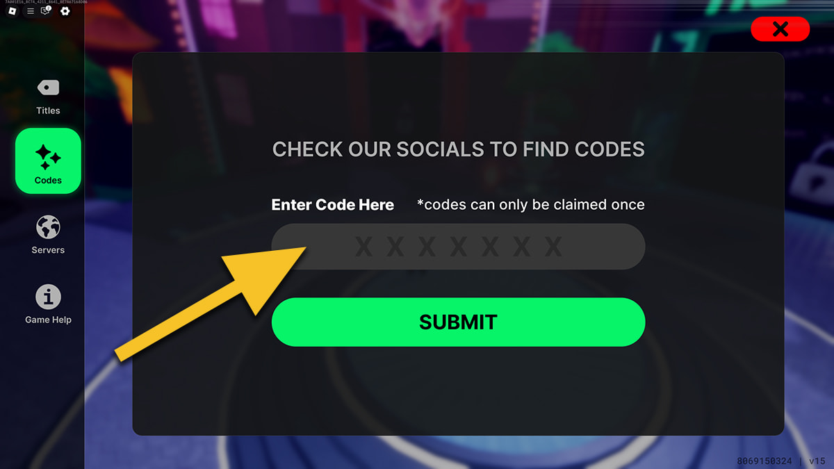 Image of the code redemption window in Death Ball on Roblox, with an arrow pointing at the code input text box.