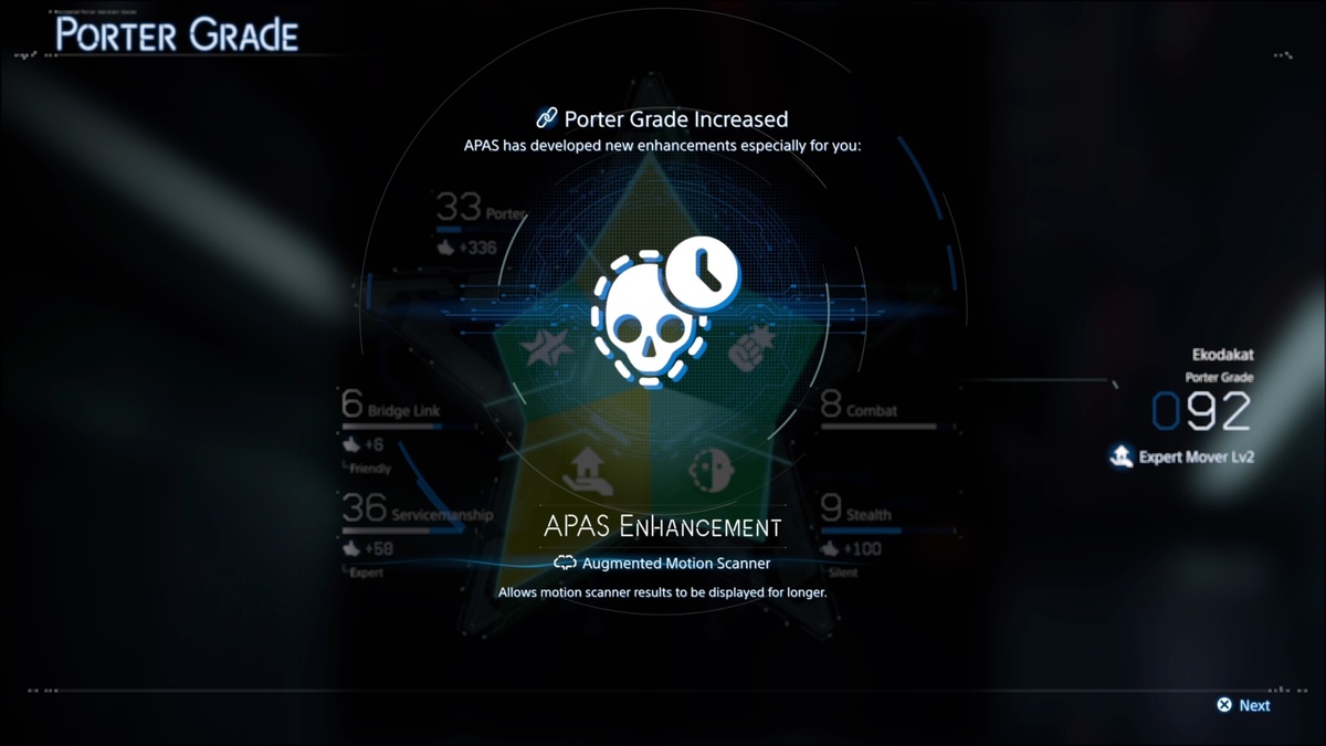 Death Stranding 2 APAS Enhancements: Porter Grade screen.