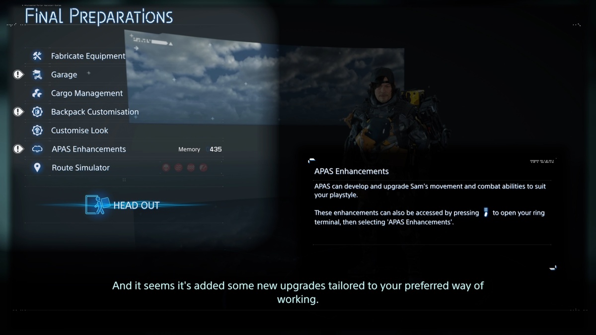 Death Stranding 2 APAS Enhancements: Final Preparations screen.