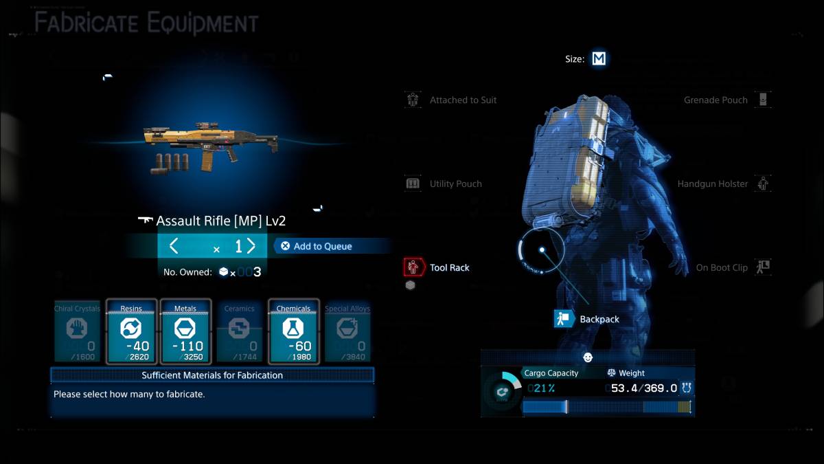 Death Stranding 2 Assault Rifle Level 2: Fabricate Equipment menu.