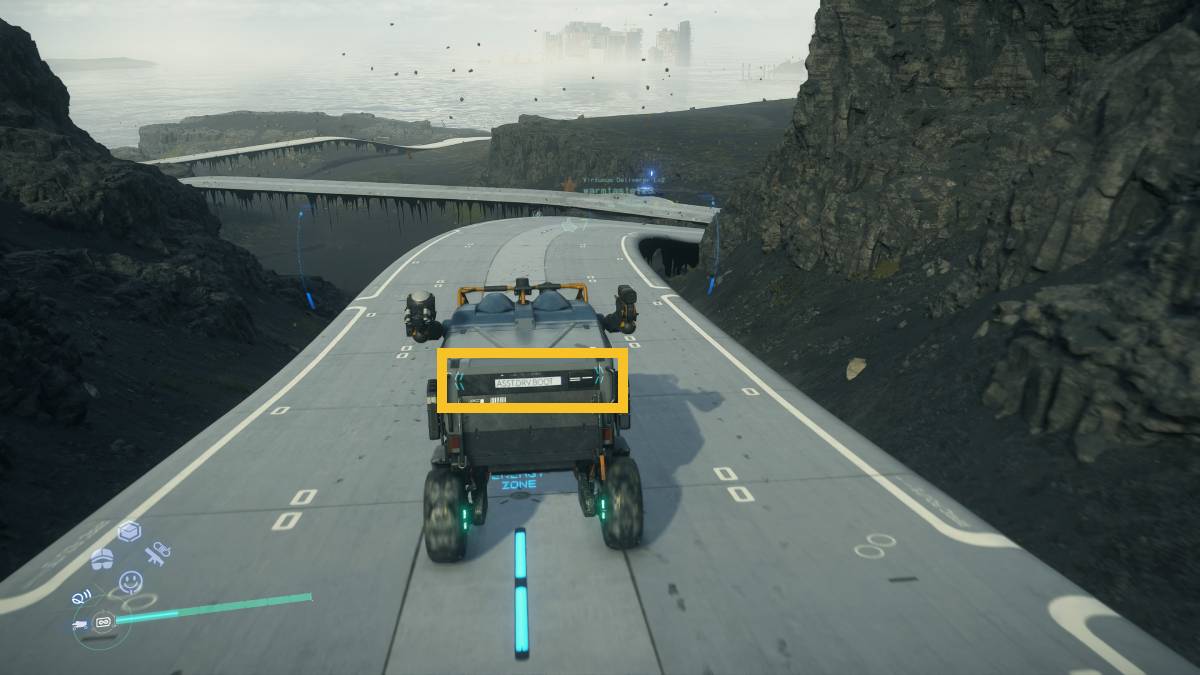 Death Stranding 2 auto drive: Pickup Off-Roader driving on a road.