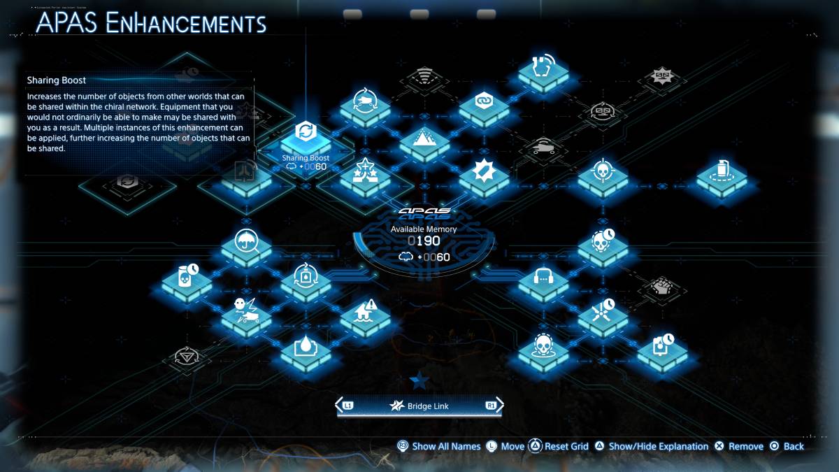 Death Stranding 2 Bridge Link increase: APAS Enhancements modules screen.
