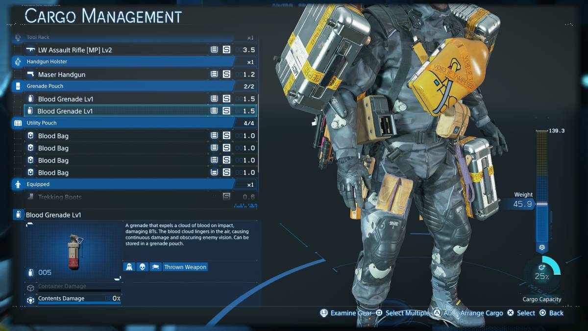 Death Stranding 2 BTs kill: Blood Grenades in the Cargo Management screen.