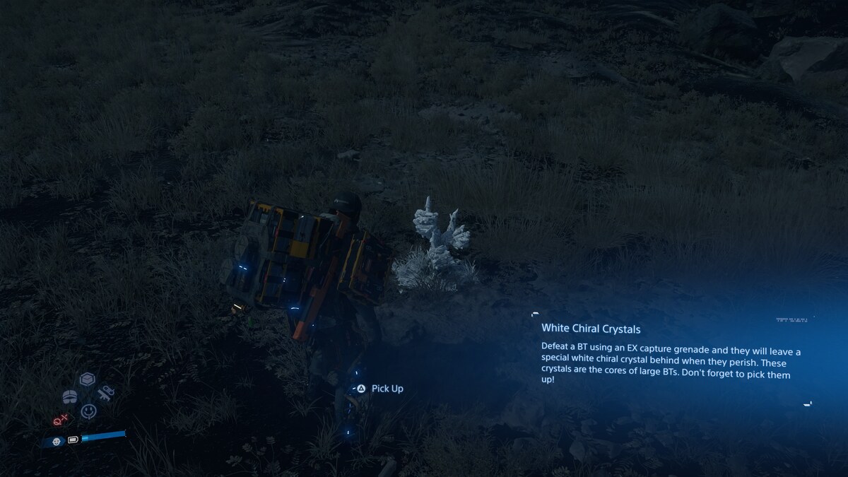 Death Stranding 2 capture BTs EX Capture Grenade: Sam next to a BT Crystal.