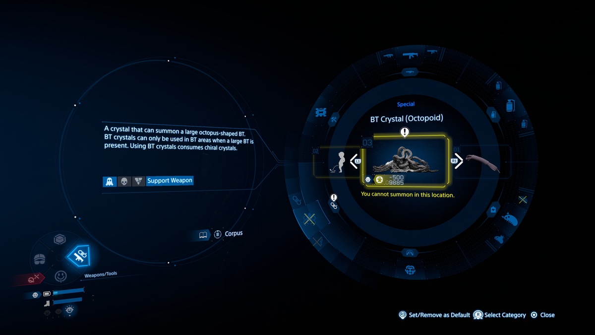 Death Stranding 2 capture BTs EX Capture Grenade: Special item radial menu.