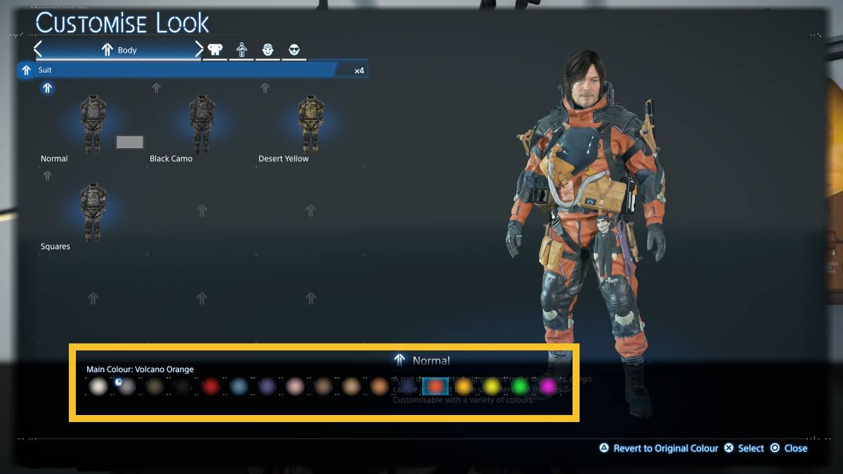 Death Stranding 2 change suit color: suit customization menu.