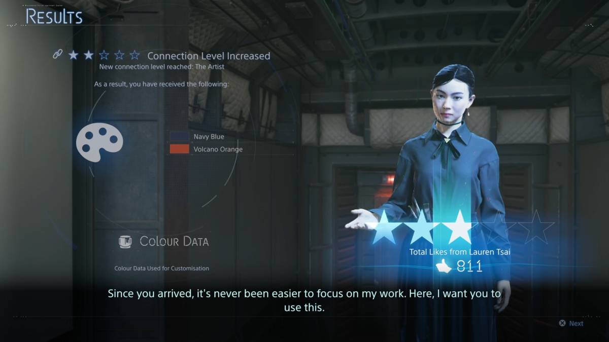Death Stranding 2 change suit color: Lauren Tsai connection level reward screen.