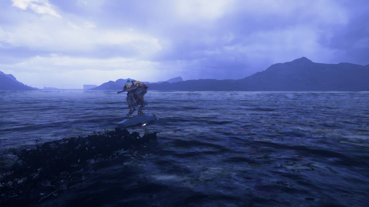 Death Stranding 2 F3 crater location: Sam riding a Coffin Board over tar.