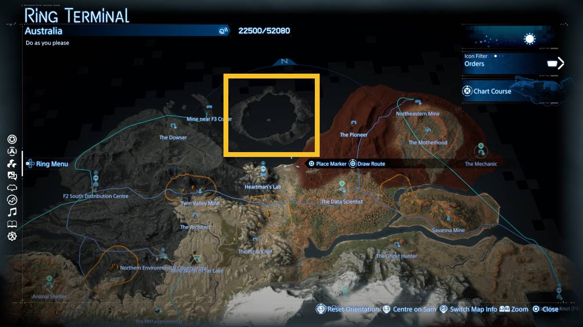 Death Stranding 2 F3 crater location: F3 crater marked on the map.