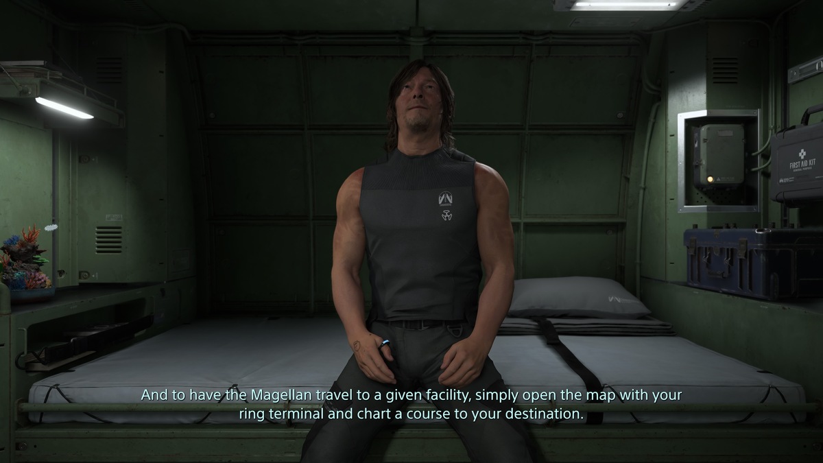 Death Stranding 2 fast travel: Sam in his Private Room on the DHV Magellan.