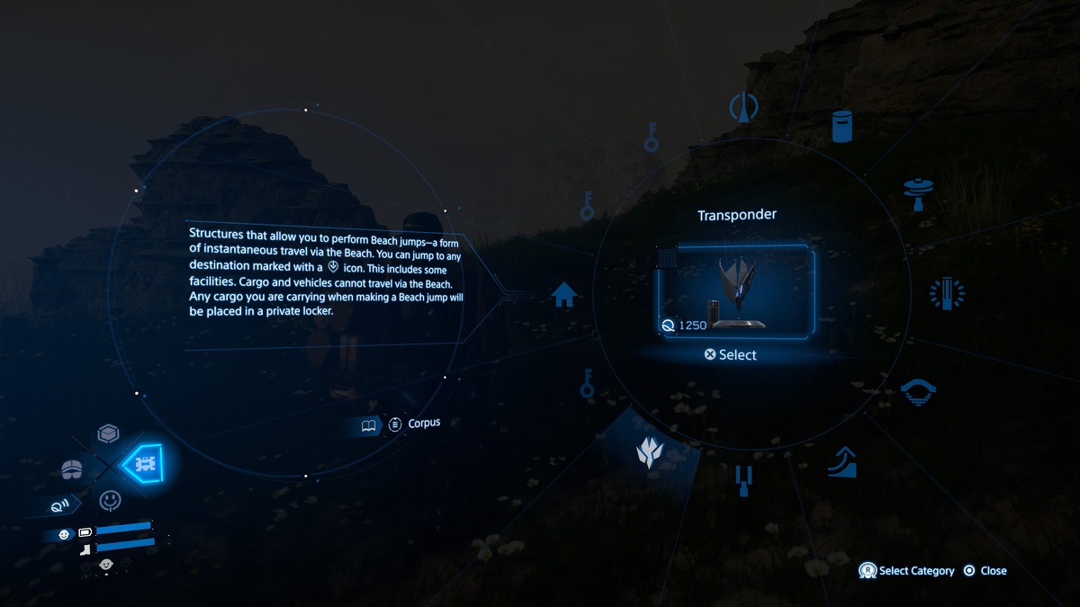 Death Stranding 2 fast travel: PCC Lv2 build menu.
