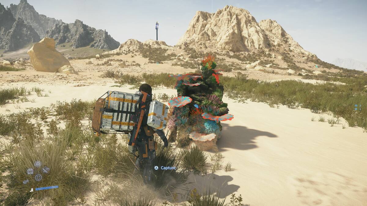 Death Stranding 2 healing blood bags: Cryptobiotes rock in a desert.