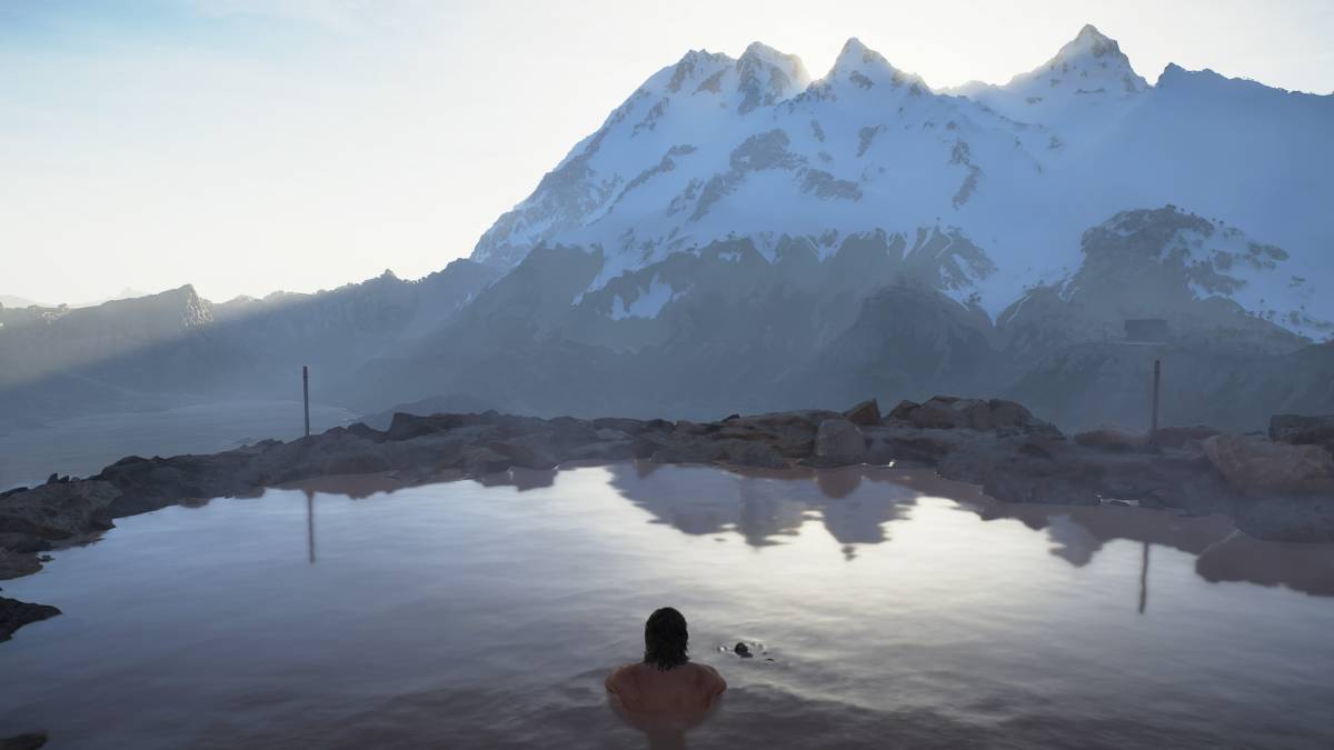 Death Stranding 2 Hot Springs: Sam soaking in a Hot Spring.