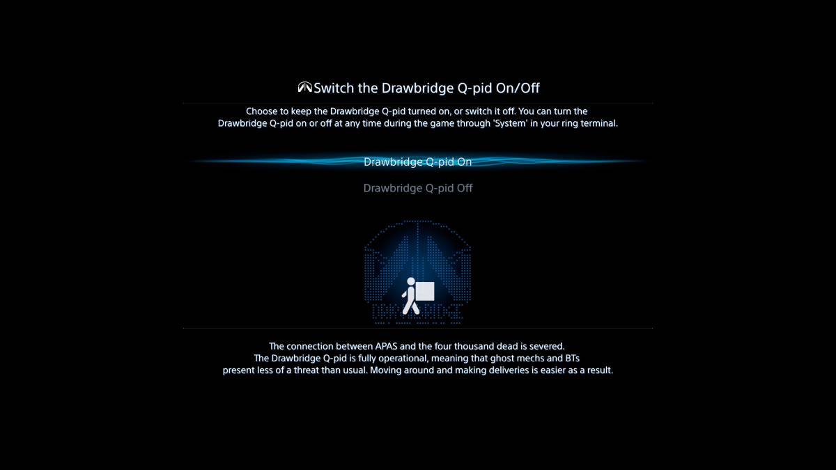 Death Stranding 2 keep playing after beating: Drawbridge Q-pid on/off explainer screen.