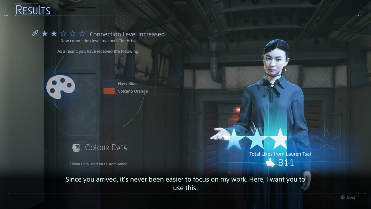 Death Stranding 2 Mexico connection level rewards: Lauren Tsai connection level screen.