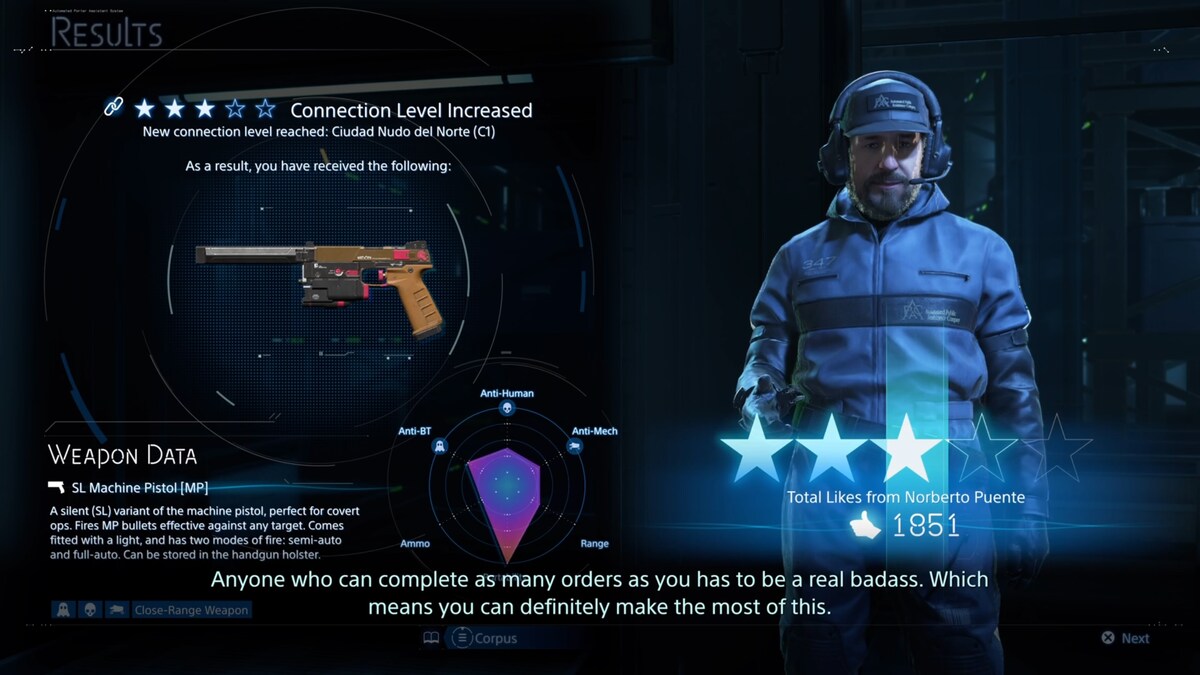 Death Stranding 2 Mexico connection level rewards: Norberto Puente connection level screen.