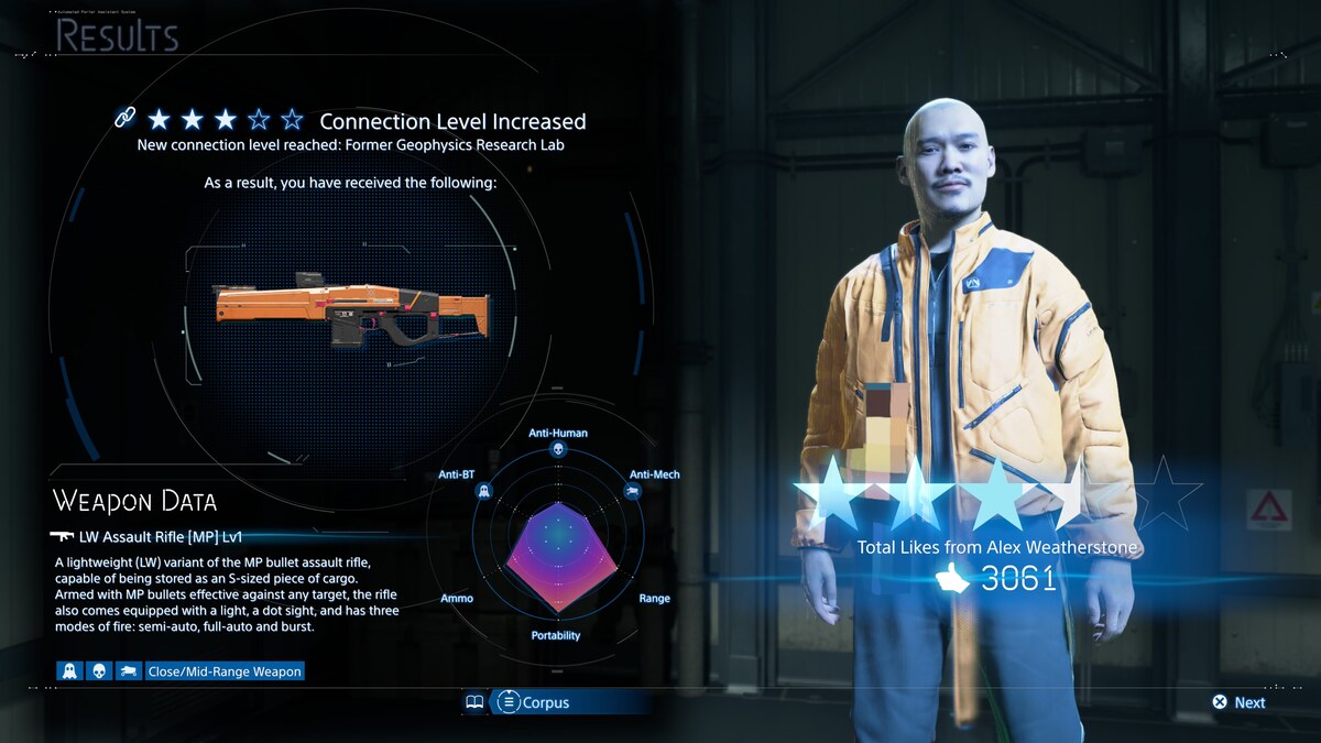 Death Stranding 2 Mexico connection level rewards: Alex Weatherstone connection level screen.