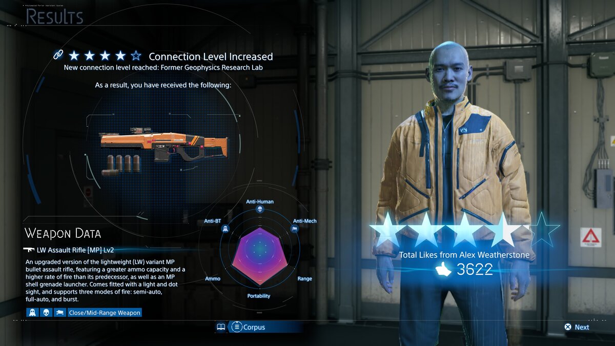 Death Stranding 2 Mexico connection level rewards: Alex Weatherstone connection level screen.