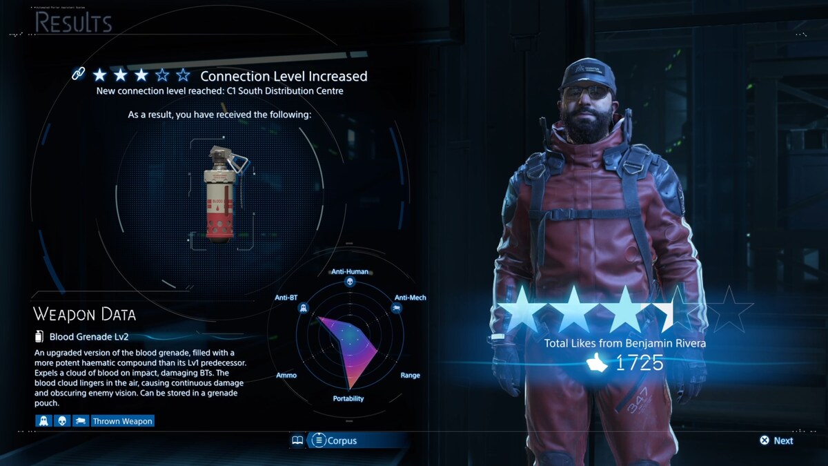 Death Stranding 2 Mexico connection level rewards: Benjamin Rivera connection level screen.