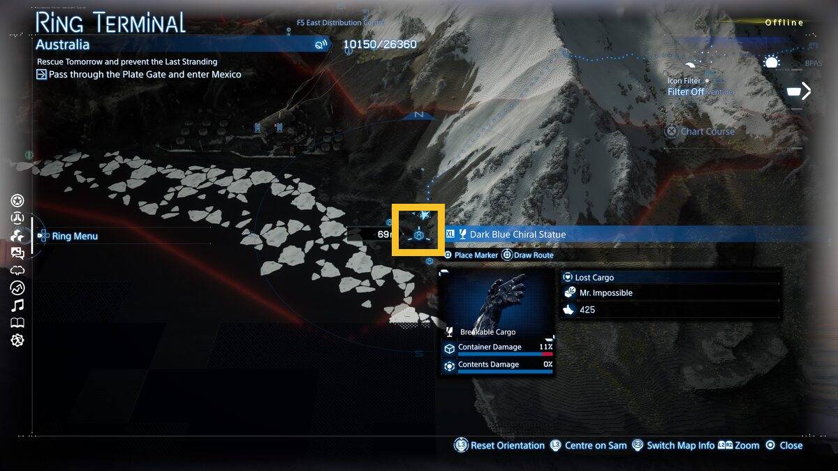 Death Stranding 2 Mr. Impossible Sub Order 123 Chiral Sculptures: Mr. Impossible cargo on the map.