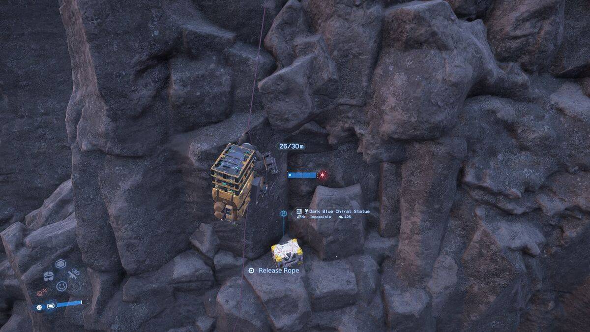 Death Stranding 2 Mr. Impossible Sub Order 123 Chiral Sculptures: Sam using a Climbing Anchor.
