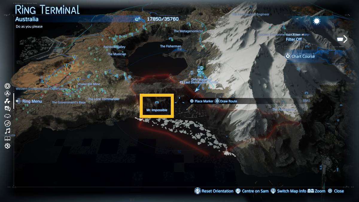 Death Stranding 2 Mr. Impossible Sub Order 123 Chiral Sculptures: Mr. Impossible facility on the map.