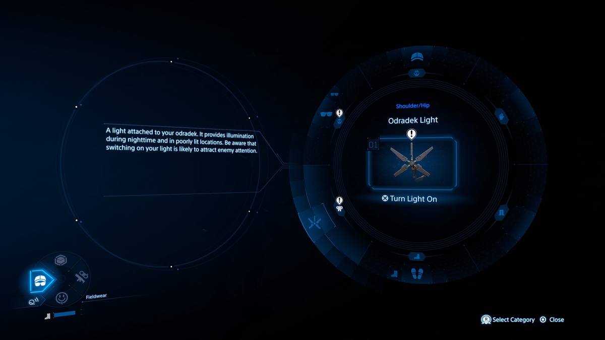 Death Stranding 2 Odradek Light: Fieldwear menu.
