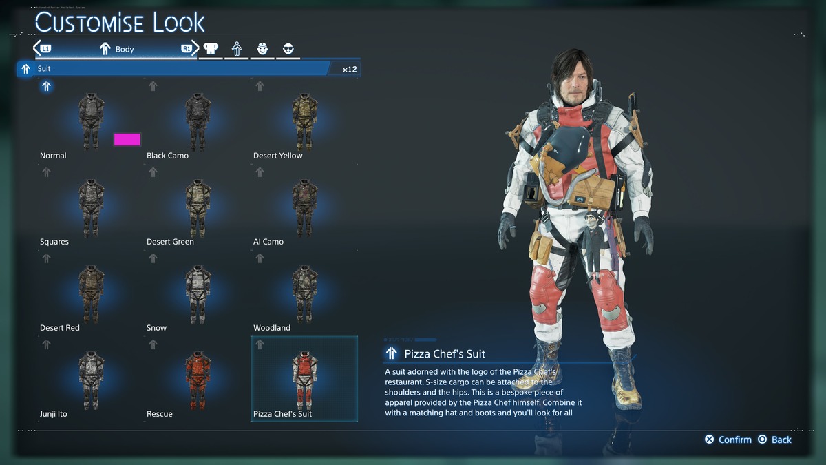 Death Stranding 2 outfits: suit menu.