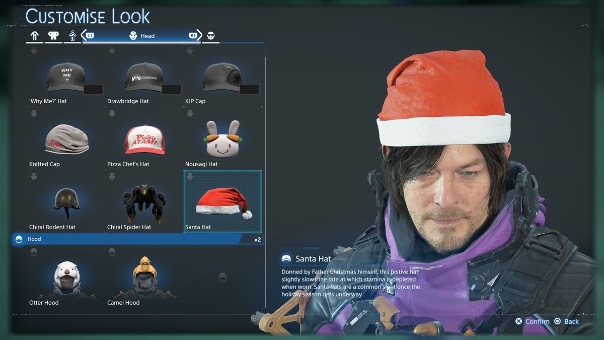 Death Stranding 2 outfits: cap menu.