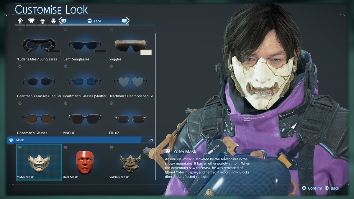 Death Stranding 2 outfits: mask menu.