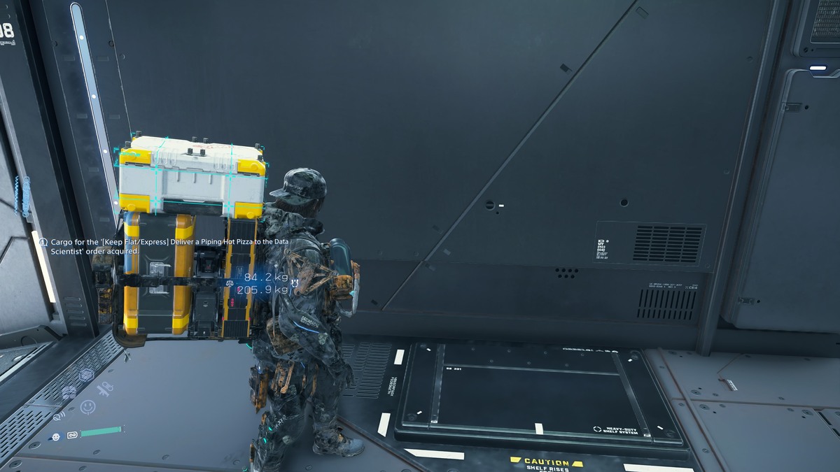 Death Stranding 2 pizza flat: Sam in a shelter near pizza cargo.