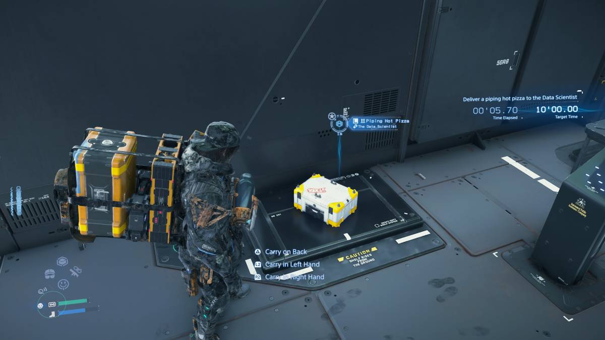 Death Stranding 2 pizza flat: Sam in a shelter near pizza cargo.
