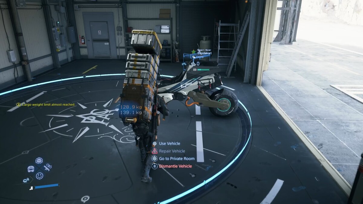 Death Stranding 2 rest: Sam in a facility near a tri-cruiser.