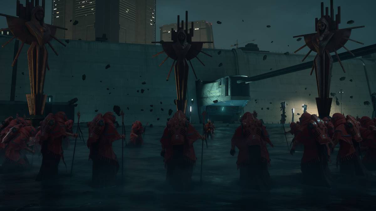 Death Stranding 2 review: Higgs mechs outside a facility.
