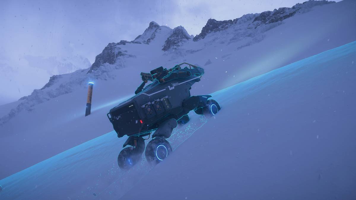 Death Stranding 2 snow tires: Pickup Off-Roader driving in the mountains.