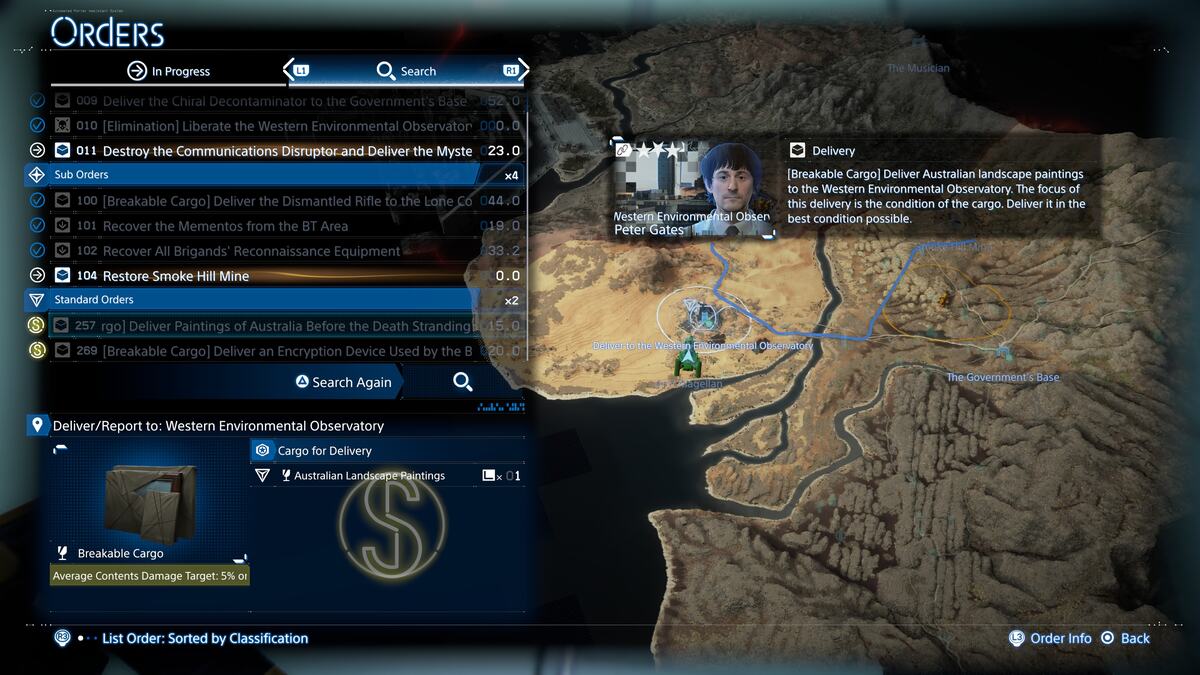 Death Stranding 2 Standard Orders: Orders menu.