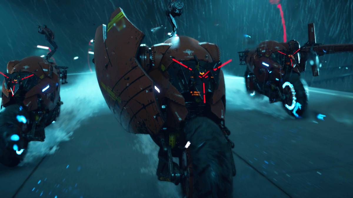 Death Stranding 2 Sub Order 110 Headless Riders: Headless Riders on bikes with red lights.