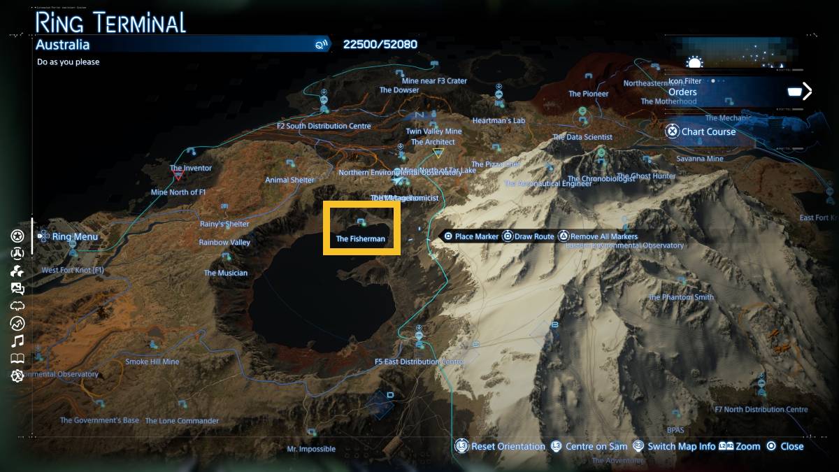 Death Stranding 2 The Fisherman location: The Fisherman marked on the map.