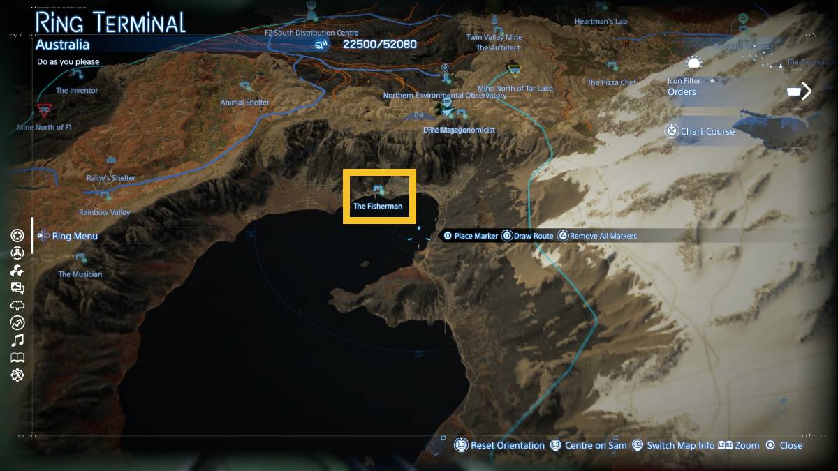 Death Stranding 2 The Fisherman location: The Fisherman marked on the map.