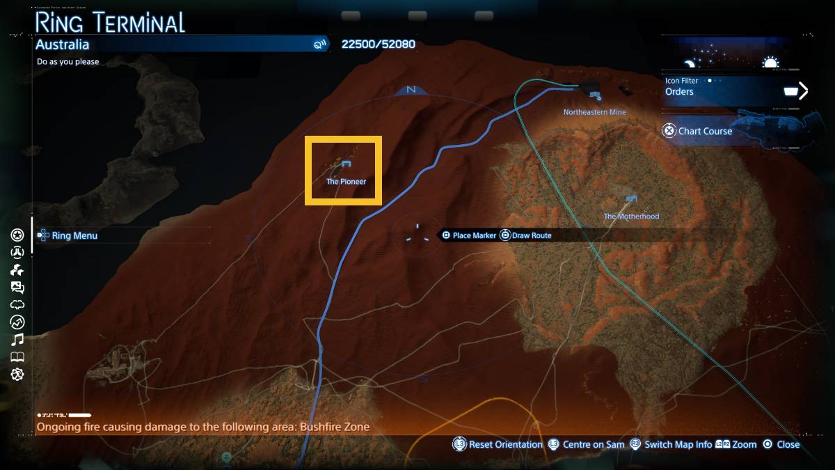 Death Stranding 2 The Pioneer location: The Pioneer marked on the map.
