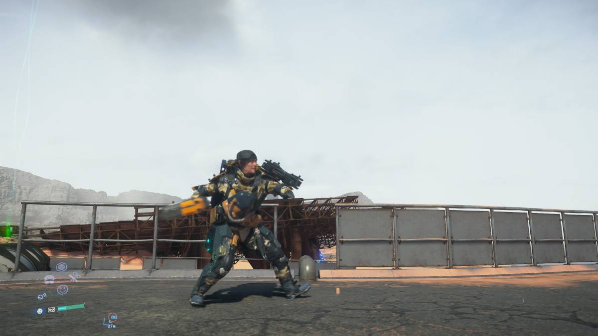 Death Stranding 2 throw cargo: Sam throwing cargo.