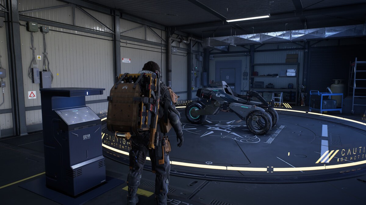 Death Stranding 2 vehicles: Former Geophysics Research Lab Garage with a tri-cruiser.