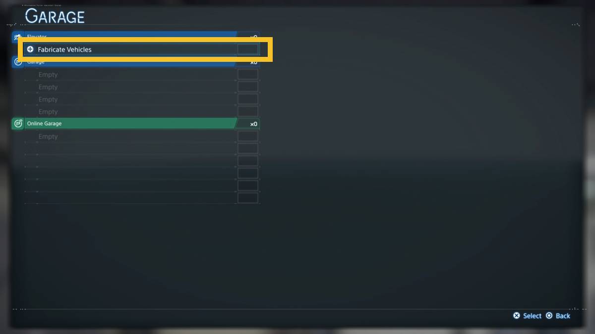 Death Stranding 2 vehicles: Garage fabrication menu.
