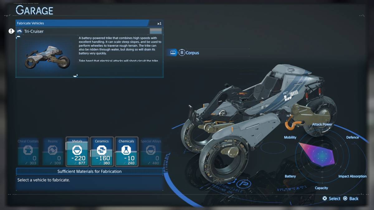Death Stranding 2 vehicles: Garage fabrication menu.