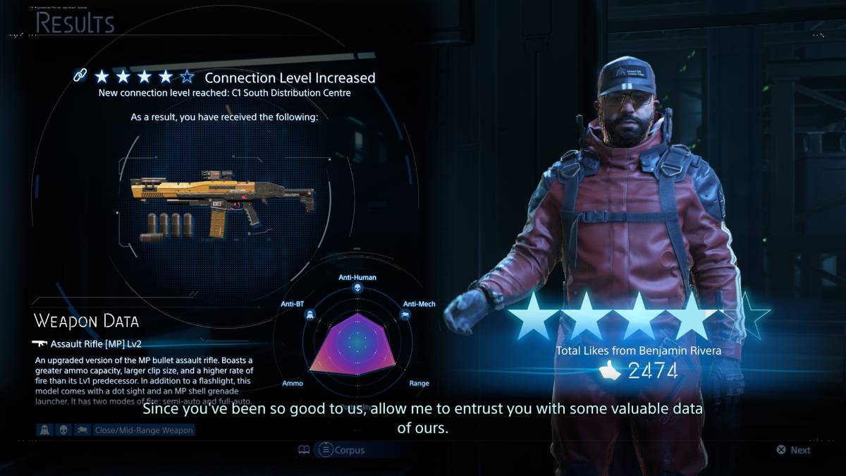 Death Stranding 2 weapons: Benjamin Rivera connection level reward screen.