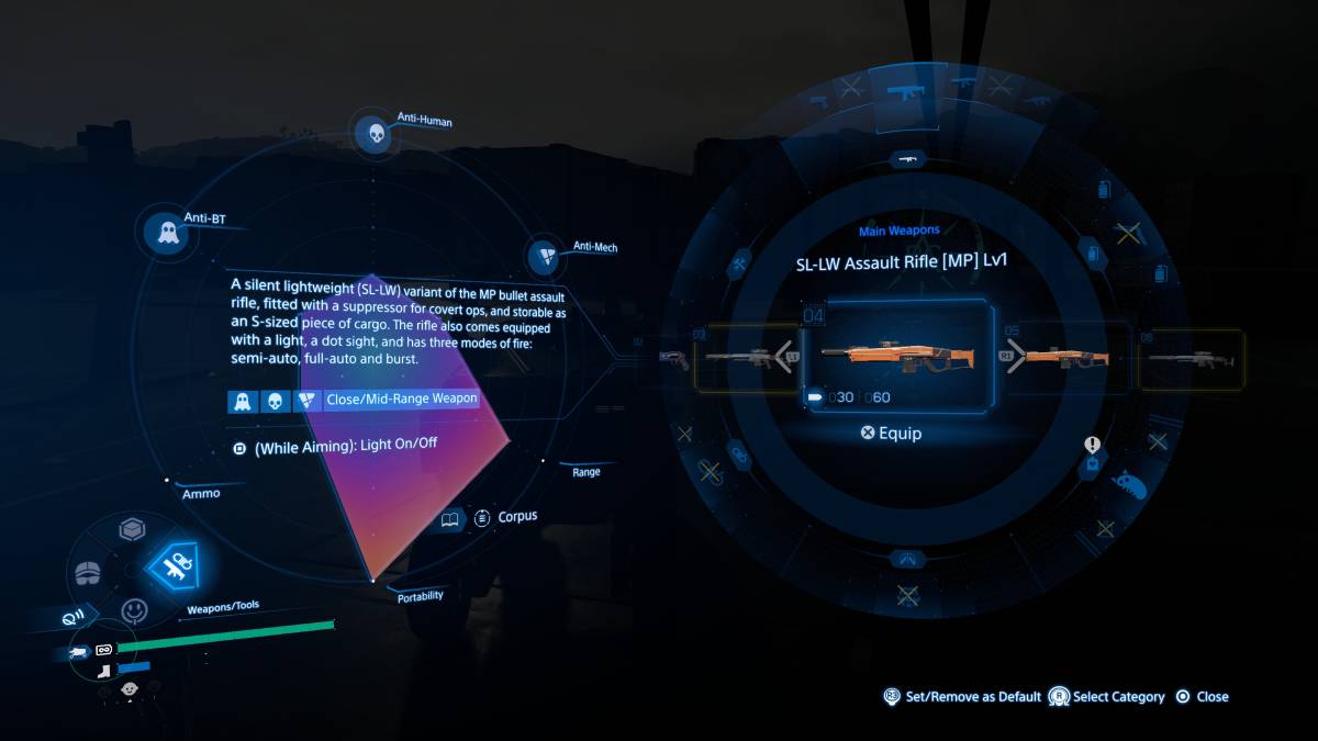 Death Stranding 2 weapons: Weapons/Tools radial menu.