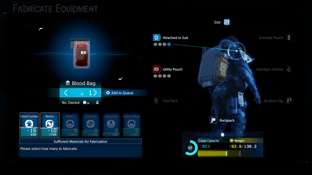 Death Stranding 2 healing blood bags: fabrication screen.